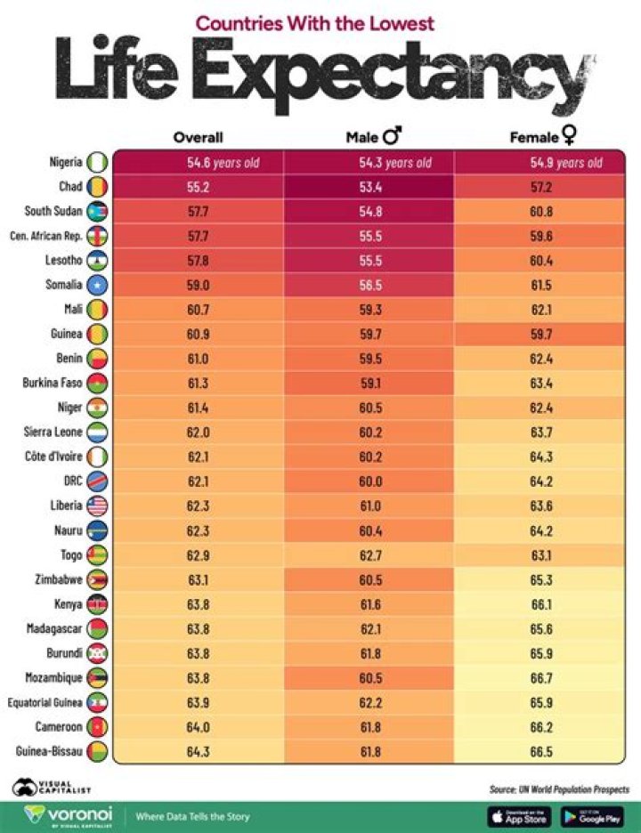 Which country has lowest life expectancy?